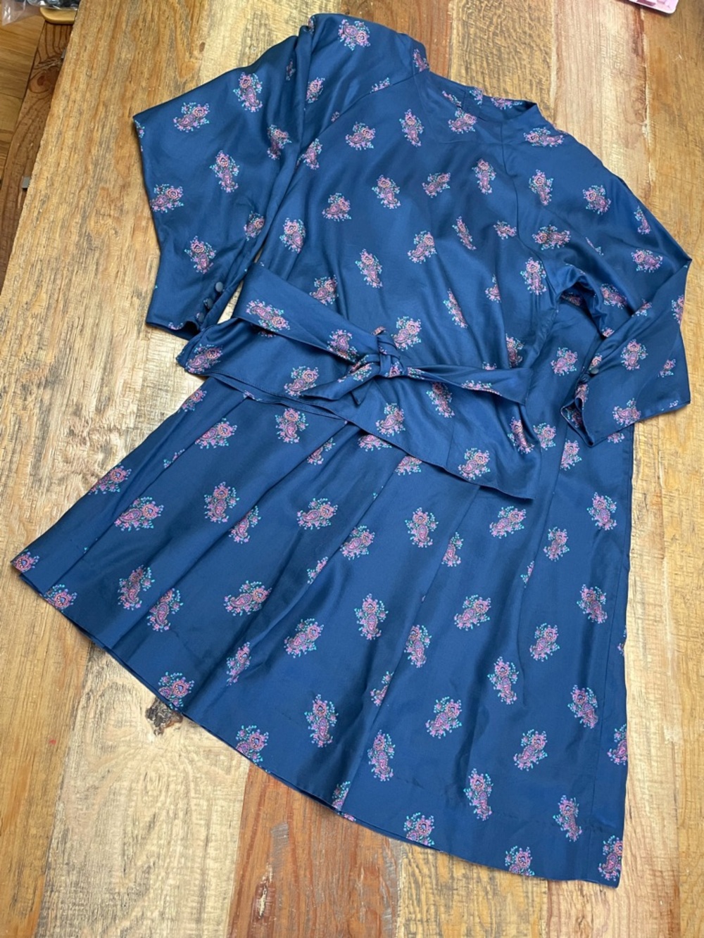 Vintage Floral blue Maxi Skirt Set Size Petite 8 tie waist